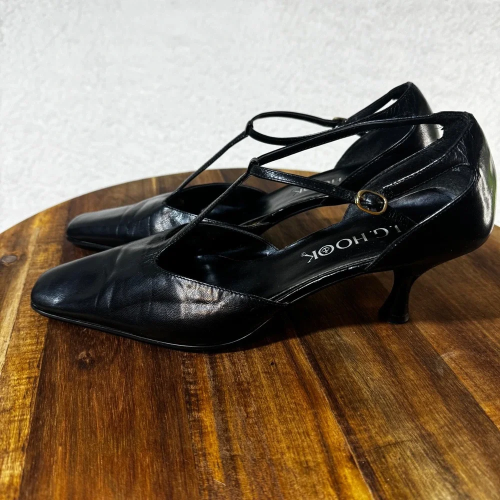 Vintage JG Hook Womens Black Leather T-Strap Pumps Square Toe Kitten Heels Sz 8M